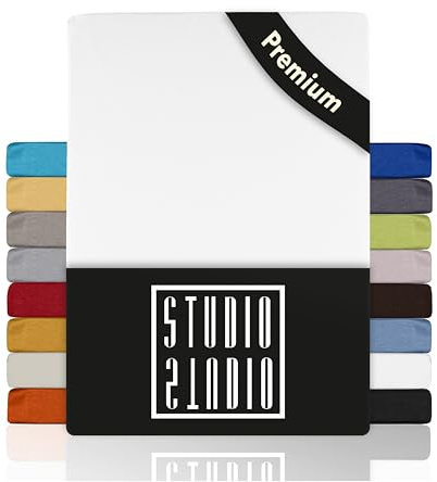 STUDIO Premium Spannbettlaken 120x200cm, 120x220cm, 130x200cm & 130x220cm – Jersey-Spannbetttuch aus 97 % Baumwolle & 3 % Elastan – Weiß – Öko-Tex Zertifiziert, bügelfrei – für Matratzen 15–35cm