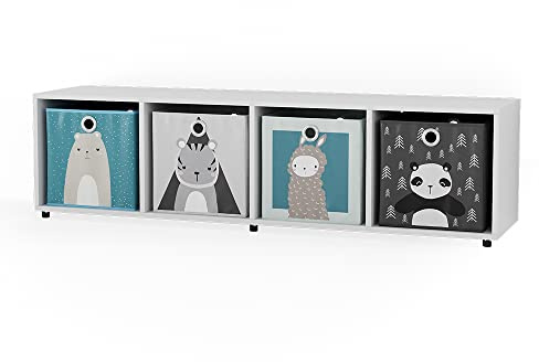 Vicco Kinderregal Ludus, Weiß, 142.5 x 36.2 cm | mit 4 Faltboxen, geeignet zur Aufbewahrung von Spielzeug und Büchern