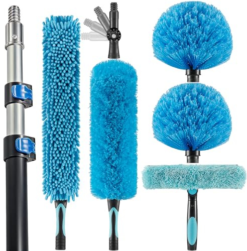 Hicavar 20 Foot High Ceiling Fan Duster with 5-12ft Extension Pole, Extendable Reusable Cobweb, Feather, Window Cleaning Squeegee Kit