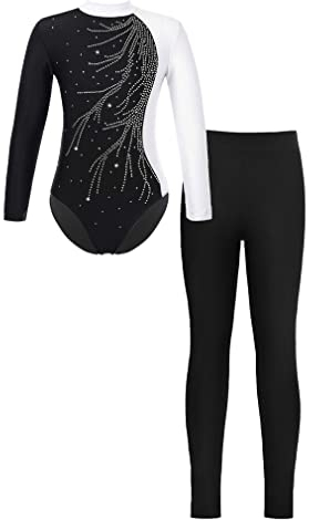 FEESHOW Mädchen Turnanzug Langarm Gymnastikbody Tanz Ballett Leotard Strumpfhose Sportanzug Leggings Bodysuit Set Wettkampf Tanzkleidung F_Weiß&Schwarz 170-176/15-16 Jahre