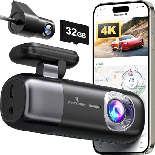 REDTIGER Dash Cam auto 4K/2.5K Anteriore e Posteriore, Dashcam Auto con WiFi e GPS, Scheda da 32 GB, Registrazione in Loop, Modalità Parcheggio, Controllo APP Intelligente, Supporto Massimo 256 GB