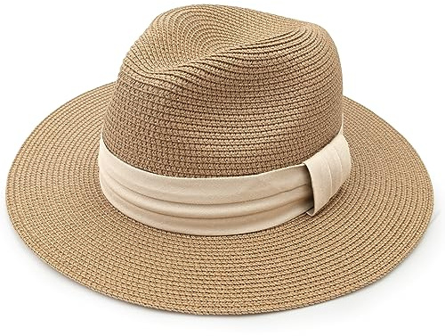 DRESHOW Donna Cappello Panama Cappello da Spiaggia in Paglia Fedora Cappello Arrotolato in Paglia a Tesa Larga Cappelli Panama UPF 50+