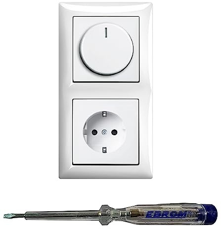 Busch Jäger 6523U-102 LED Drehdimmer Dimmer + Scheibe 2115-914 und Steckdose mit Kinderschutz 20EUCKS-914 in Balance Si alpinweiß glänzend inkl. EBROM Phasenprüfer zur Montage d. Geräte (6523 U – 102)