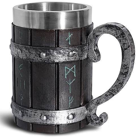 Vintage Faux Handmade Wooden Beer Barrel Mug,Drinkware Mug with Handle,Resin Bucket for Men Coffee Beverage Juice,Stainless Steel Liner Beer Stein Vintage Tankard Unique Gift