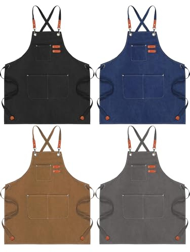 Toulite 4 Pack Canvas Chef Apron for Men with Adjustable Strap Cross Back Cotton Barber Apron with Pocket, 26 x 30''(Gray, Camel, Blue, Black)