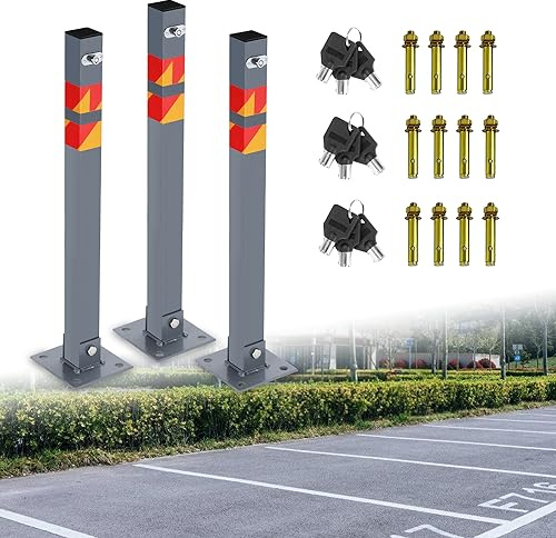 Herrselsam Parkpfosten Klappbar,Parkplatzsperren Absperrpfosten, Parkplatz-Barriere mit Schlüssel und Reflexstreifen,Stahl Robust Standfuß Stabil Sperrpfosten 3er Set