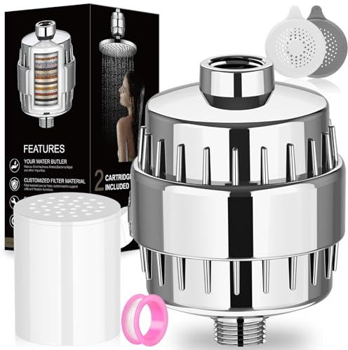LADYSONS 32 Stage Shower Filter - Shower Head Filter for Hard Water with 2 Replacement Cartridges - High Output Water Softener to Remove Chlorine, Heavy Metal - Soft Water Filtered with Vitamin C E