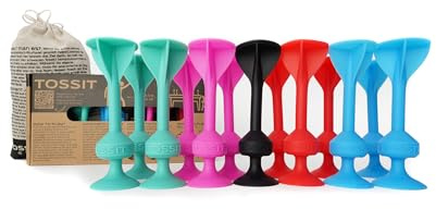 TOSSIT Jeu Fléchette Ventouse, Pétanque Intérieur Extérieur pour Sol et Mur, Silicone Puissant et Durable, 4 Couleurs, Family Pack, Rouge Cyan Rose Bleu Clair