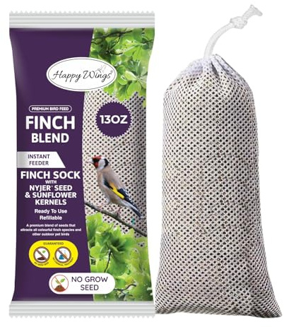 Happy Wings NO GROW finch blandning fågelmat förfylld strumpmatare (blandning av solroshjärtor/kärnor och nigerfrön) – mycket näringsrik fågelmatning – (368 gm)