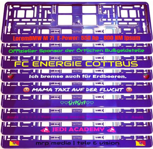 2 Stück Kennzeichenhalter Chrom VIOLETT LILA mit Wunschtext Beschriftung Werbung Spruch Bedruckt