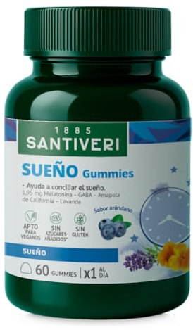 SANTIVERI - Gominolas de Melatonina 1,95 mg - GABA y Lavanda - 60 Gummies | Ayuda a conciliar el sueño - Extractos vegetales que favorecen la relajación - Sabor arándano