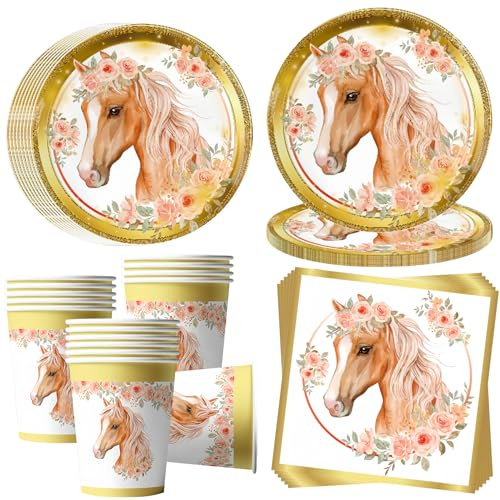 caballo Vajilla de fiesta para 16 invitados, caballos Platos de fiesta Vajilla de cumpleaños, caballo Platos de papel Vasos Servilletas Decoración para fiestas de cumpleaños infantiles Niños Niñas
