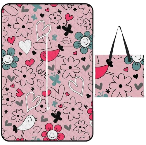 ducanll Rosa Picknickdecken für den Außenbereich, 2 Packungen, buntes Blumenmuster, wasserdicht, Picknickmatte, faltbar, Campingdecke, tragbar, mit Tragegurt, für Strandbanket