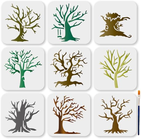 MAYJOYDIY 9Stück Wiederverwendbare Baumschablonen 15x15cm Verwelkte Baum PET Vorlage Mit Verschiedenen Mustern Kunststoff Zeichenschablonen Baumast Vorlage Für Die Wand Fußboden Deko Zubehör Leinwand