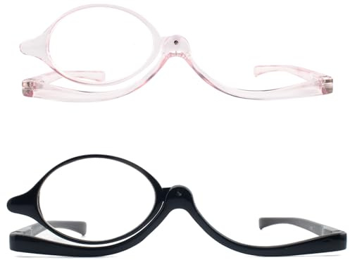 FEIVSN 2 Pack Makeup Reading Glasses for Women Flip Down Cosmetic Magnifying Readers Make Up Eyeglasses Spring Hinge, Black/Pink, +2.00