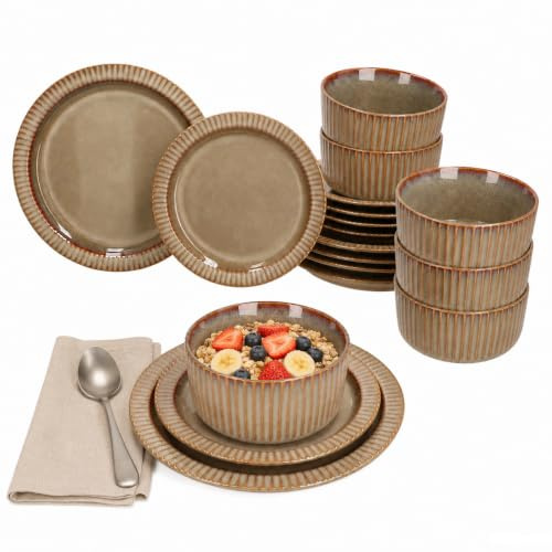MamboCat Bistro 18-TLG. Teller Set I 6 Personen I braunes Dinner-Geschirr-Set mit Retro-Optik I Je 6X Speiseteller, Bowl-Schalen & Kuchenteller I Steingut
