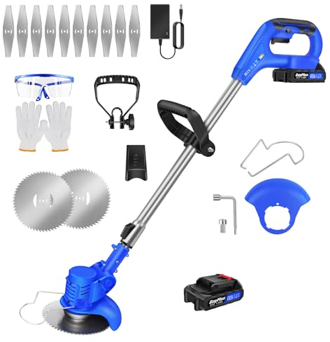 Akku Rasentrimmer mit Akku 21V Akku Freischneider, Elektro Motorsense mit 1X1.5Ah Akku & Ladegerät, Multitool Rasentrimmer mit Messer 90-120cm Teleskop Rasenkantenschneider, Blau