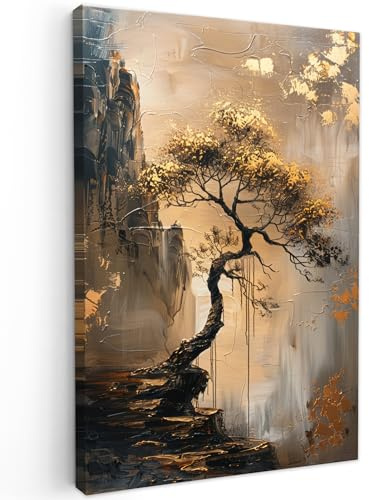 MuchoWow© Leinwand Groß XXL Deko Schlafzimmer Aesthetic Leinwandbilder | 80x120 cm - Wohnzimmer Gemälde Foto Geschenk Living Room Decoration Kunst - Baum - Gold - Modern