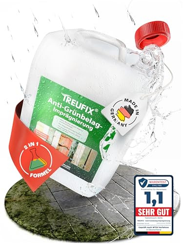 Treufix Anti-Grünbelag Steinimprägnierung 2in1-Formel 5L | Imprägnierung für ca. 100-150m², zum dauerhaften Schutz vor Algen, Grünbelag, Grünspan, Flechten und Pilzen, Made in DE