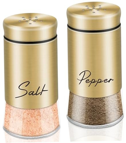 Salt- och pepparkvarn, set med salt- och pepparkar i 150 ml salt- och pepparkar i glas med lock i rostfritt stål, påfyllningsbara kryddkar tillbehör för kök, guld