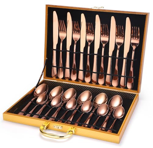 CVNIMV Ensemble d'argenterie, Ensemble de Vaisselle en Acier Inoxydable de 24 pièces, Couteau, Fourchette, cuillère, Support de Rangement Domestique, boîte Cadeau doré