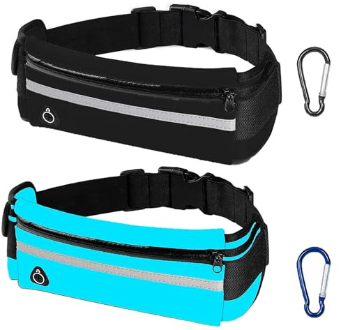 FISH DRAGATE Pack of 2 Running Belts, Running Belt with Drinking Bottle, Jogging Bag with 2 Carabiners, Running Accessories, Running Mobile Phone Case, Waterproof with Adjustable Shoulder Strap,