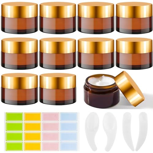 Hengxinc 10 Pcs 20ML Amber Glass Jars With Lids, Cosmetic Pots, Brown Containers, 10 Makeup Spatulas, 1 Sticky Label - Reusable Cream Jars for Lotions