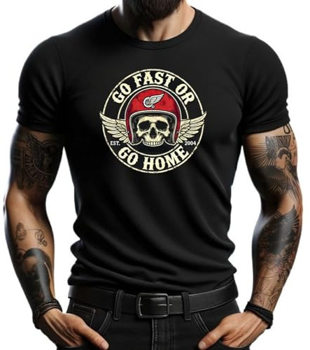 Maglietta nera Go Fast or Go Home con motivo teschio e casco, stile biker, vintage, maniche corte, da uomo, Nero , S