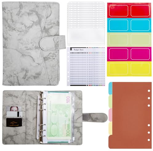 Classeur A6 en PU Cuir Budget Planner avec 12 Feuilles de Budget + 12 Pochettes Transparentes Zippées Dossier + Autocollants de Catégorie Planificateur de Budget Pour Usage Quotidien et Voyages