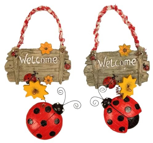 Cartello di benvenuto da appendere in confezione da 2, per interni ed esterni, decorazione per porta d'ingresso con coccinella per giardino di casa, pannello per porta personalizzato