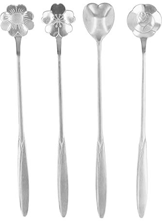 Tomotato 4 Pezzi Cucchiaio da Miscelazione in Acciaio Inossidabile, 18cm Set di Cucchiaini da caffè a Forma di Cuore con Fiore, Cucchiaio per Mescolare Bevande per tè Gelato (Argento)