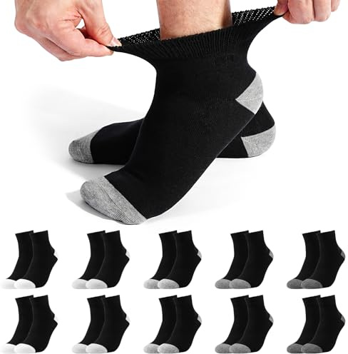 Jeasona 10 Paar Diabetikersocken Herren Kurze Diabetiker Socken Herren 43-46 Schwarze Strümpfe Ohne Gummibund Ohne Naht Diabetiker-Socken Kurz Baumwolle Herrensocken für Diabetes