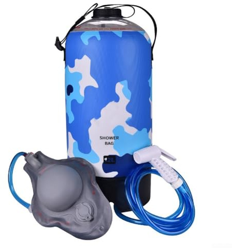 Zilimontt Douche de camping 12 L, sac de douche solaire portable, pommeau de douche à pied, PVC 500D, pour la plage, la randonnée, les voyages, le lavage (bleu)