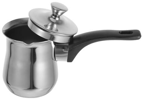 Mikikit Cafetera Turca de Acero Inoxidable de 180 Ml con Mango Largo y Tapa, Adecuado para Uso en Casa y Oficina, Rápida para Preparar Café y Espumar Leche