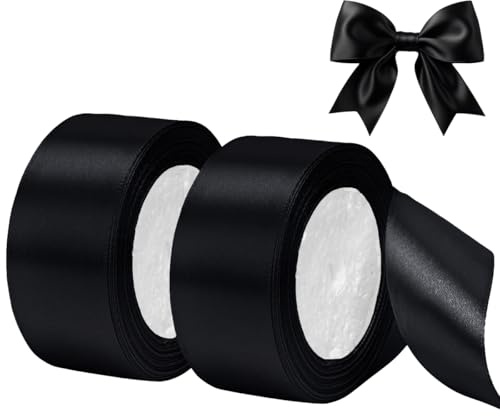 2 Rolle Schwarz Satinbands 40mm Breit, Black GeschenkbäNder (22M/Rolle), Schwarze Geschenkband, 40 Mm Schleifenband Schwarz, Schwarzes Satinband Schleifenband für Luftballons, Hochzeit, Geburtstag
