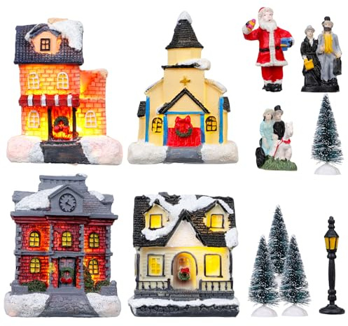 Fizzyo Set di 12 Villaggi Natalizi con Illuminazione, Collezione di Case in Miniatura e Figure per Decorazioni Natalizie, Decorazione Festiva Interna per Centrotavola Mantovana del Camino Casa