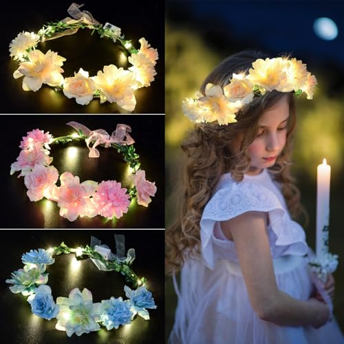 Herbst LED Blumenkranz Stirnband, 3 Stück Blumenkranz | Haare Damen und Mädchen Kopfschmuck Boho, Haarkranz Leuchtend für Festival Geburtstag Weihnachten Hochzeit Party (A)