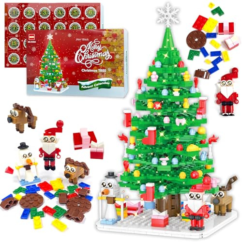 VEEKAY 2025 Calendrier de l'Avent avec Blocs de Construction d'arbre de Noël,779 Pièces,Le Sapin de Noël,Mini Blocs de Construction (Sapin de Noël – Bonhomme de neige)