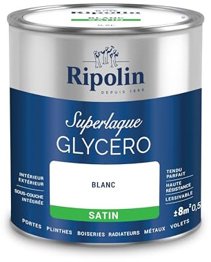 RIPOLIN Peinture Laque Glycéro Intérieure/Extérieure Satin Blanc 0,5 L | Tendu, Résistance Accrue, Très Lessivable, Résistance aux Taches, Finition Satin, Intérieur/Extérieur, Satin