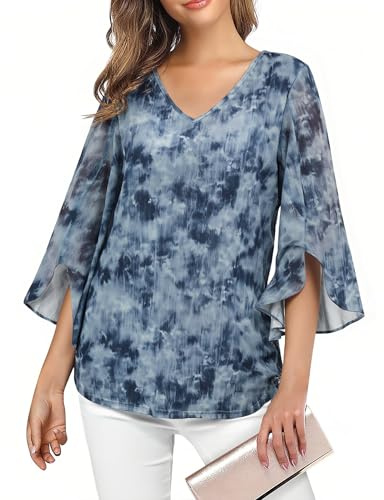 Enmain Blusas de Mujer Elegantes Camisas Mujer 3/4 Manga Larga Cuello en V Blusa Suelta Casual Camisa Volantes Mujer Verano Primavera XL