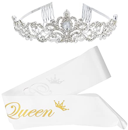 Homoyoyo 2 Stück Teiliges Prom Queen Set mit Funkelnder Kristallkrone und Schärpe für Hochzeit Abschlussball Party Haarschmuck mit Festem Sitz und Glamourösem Design