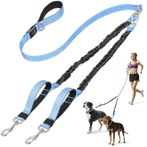 LED Double Dog Leash, No Tangle 360° Swivel Heavy Duty Dog Walking Leash with Two Padded Handles for Two Dogs (Blue)