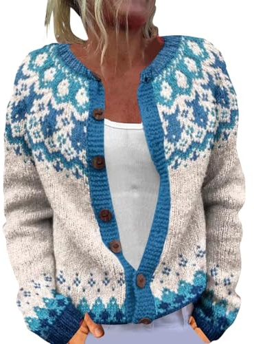 Cardigans for Women UK Fair Isle Nordic Patterned Sweater Long Sleeve Crew Neck Cardigan Jacket for Autumn and Winter