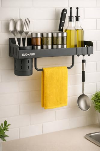 Organizador Cocina de Pared sin Taladro o con tornillos- Estante de Utensilios y Especias - Soporte Multifuncional -Almacenamiento de Utensilios de Cocina Metálico-Soporte Resistente y Moderno