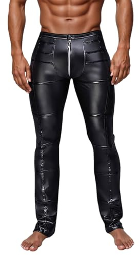 2025 Trousers Mens Skinny Pants Faux Leather Trousers with Bulge Pouch (Black, M)