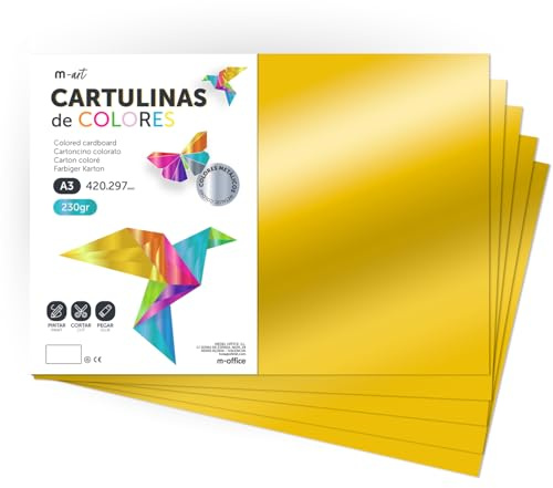 Carton Métallisé Couleur A3, 230 g/m², Feuilles Cartonnées Grandes, Carton de Couleur pour Loisirs Créatifs, Projets Artistiques et Décorations, Effet Brillant · m-office (25 feuilles, or)