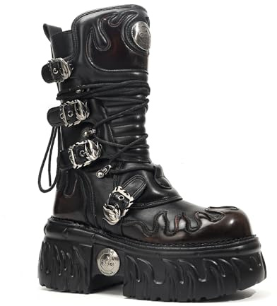 Songella Botas Punk Góticas de Plataforma para Mujer con Diseño de Llamas, Hebillas Metálicas Cremallera Lateral – Estilo Biker Rock de Suela Gruesa Negro Rojo
