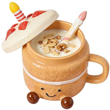 Funny Coffee Cups, Cute Ceramic with Lid Spoon Feet, Cake Shaped Aesthetic Mug Tea Cup, for Women Girls Christmas Birthday Valentines Day Home Office Cafe Water Tea Milk