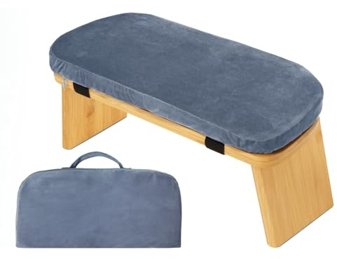 Rocky Green hopfällbar meditationsbänk med vadderat säte, bärbar knäpall i trä för yoga och bön – 43 x 21 x 18 cm, lätt, bärväska (blå)