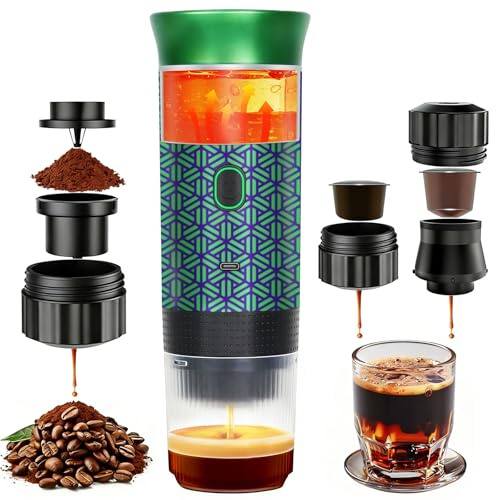 HX HECLX Coffee Maker Gift Set for Camping,Battery Powered Portable Electric Espresso Machine, Rechargeable Coffee Maker Self Heating Ground Coffee Capsule for RV, Hiking (Green mix Black)